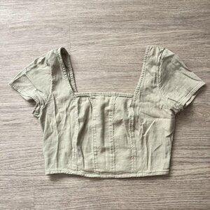 Hollister Green Women's Linen Blend Square Neck Smocked Back Crop Top